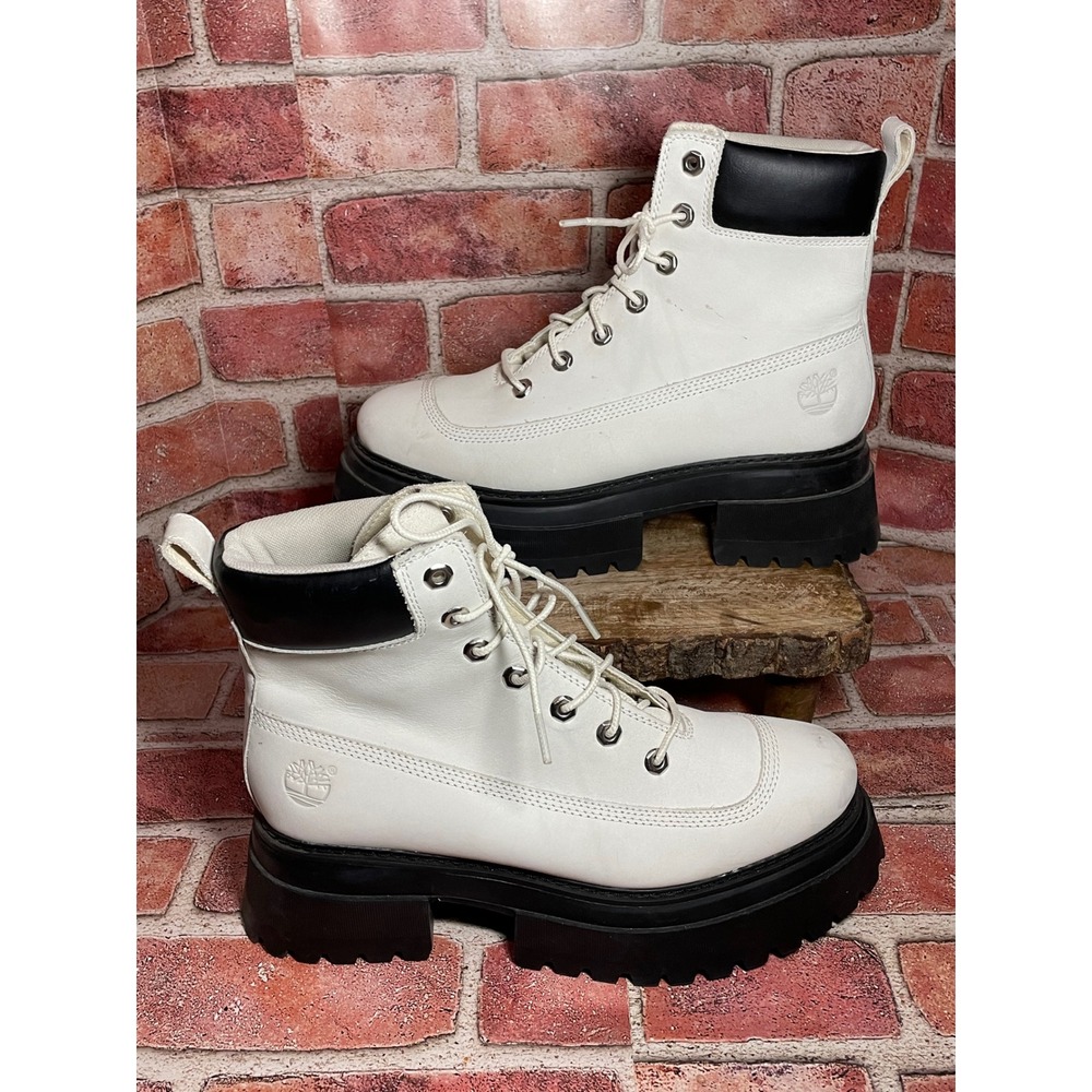 Timberland Sky 6 Inch Platform Boots White Black Leather Womens 10 A5RSV